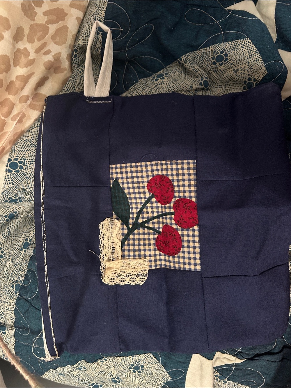 Navy Patchwork Tote with Red Floral Appliqué